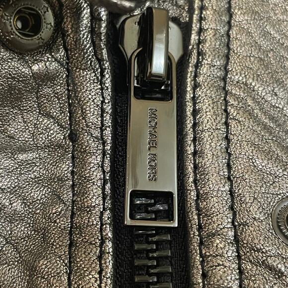 Michael Kors Metallic Silver Leather Jacket | Womens M, Moto Style EUC MSRP $595 - Picture 6 of 12